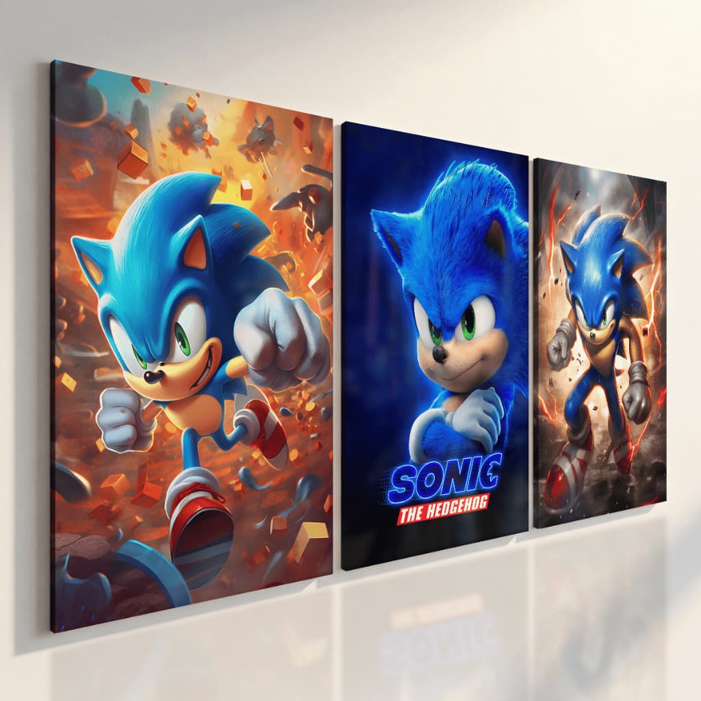 Quadros Decorativos Kit Infantil Sonic 3 Peças Decorativo Gamer Para Quarto de Menino