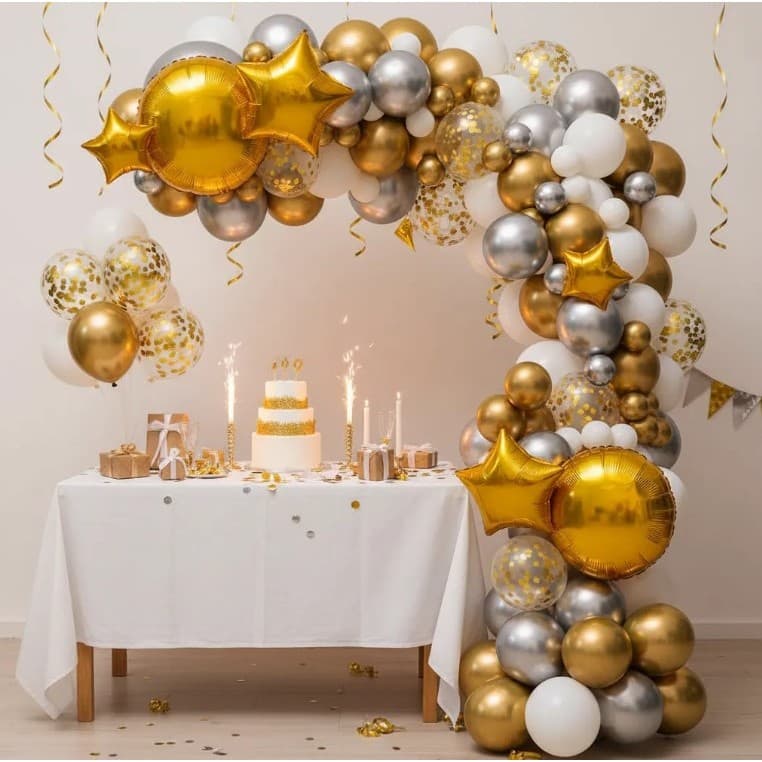 Kit Arco Balão Desconstruído Dourado E Prata - 56 Pçs