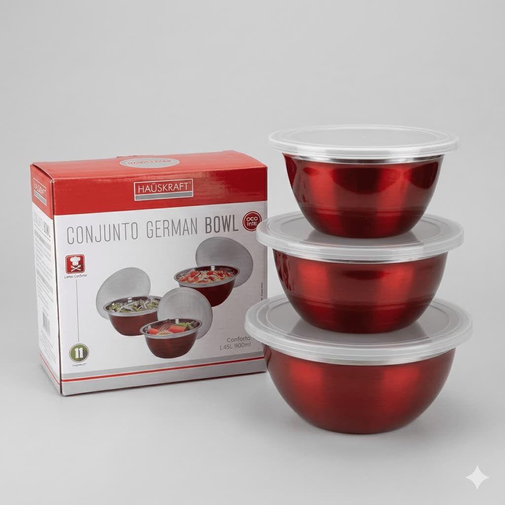Jogo Bowl Redondo c/ Tampa 3pcs Vermelho