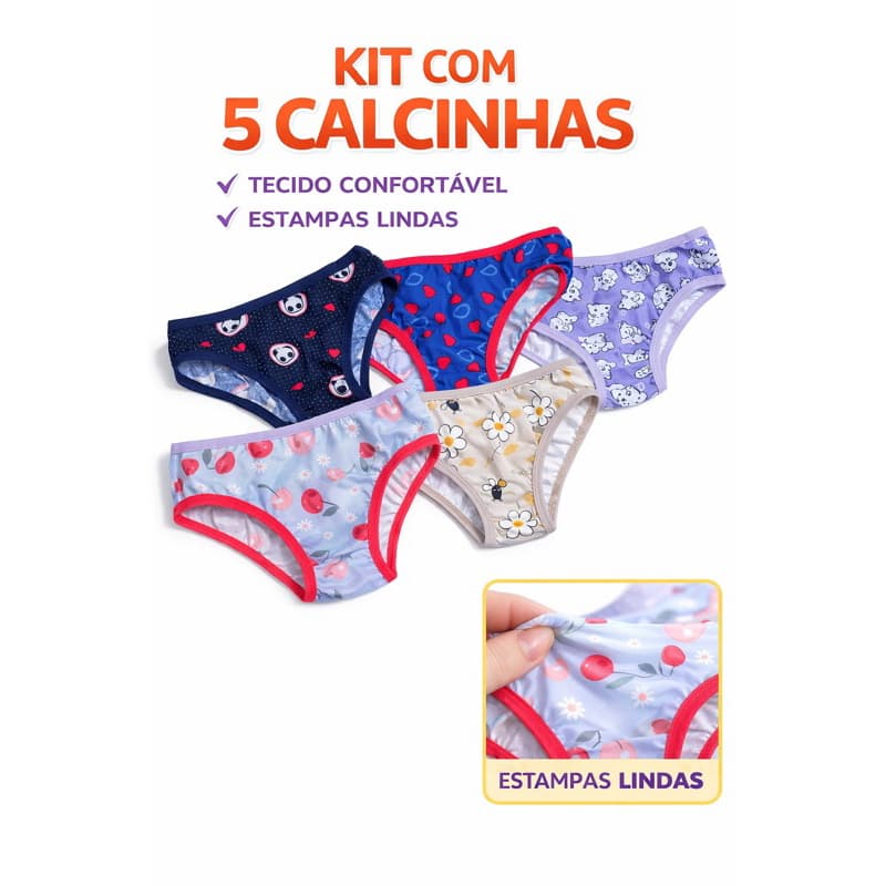 Kit 5 Calcinhas Infantil Meninas com Forro 100% Algodão para Mais Conforto