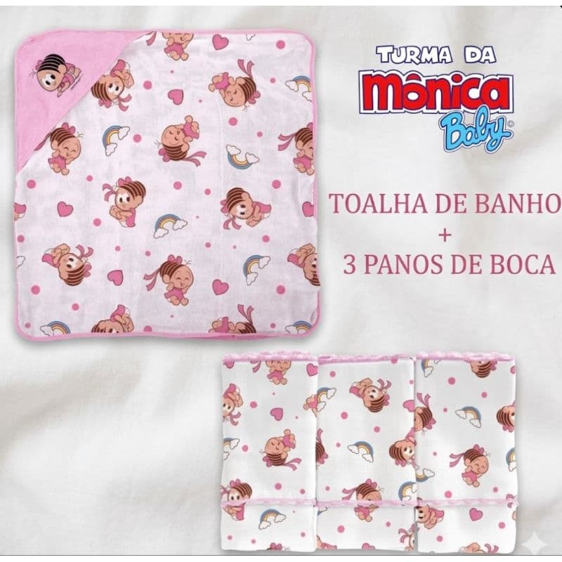 Kit 4 peças Toalha de Banho + 3 Panos de Boca 100% Algodão Turma da Mônica Baby Bublim