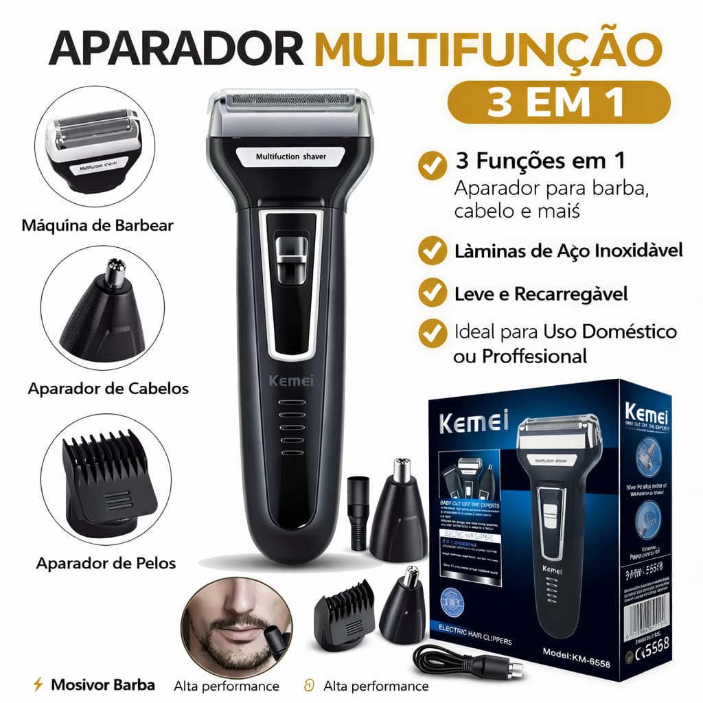 Máquina Kemei KM-6558 3 em 1 Aparador de Barba Cabelo Recarregável Bivolt Profissional