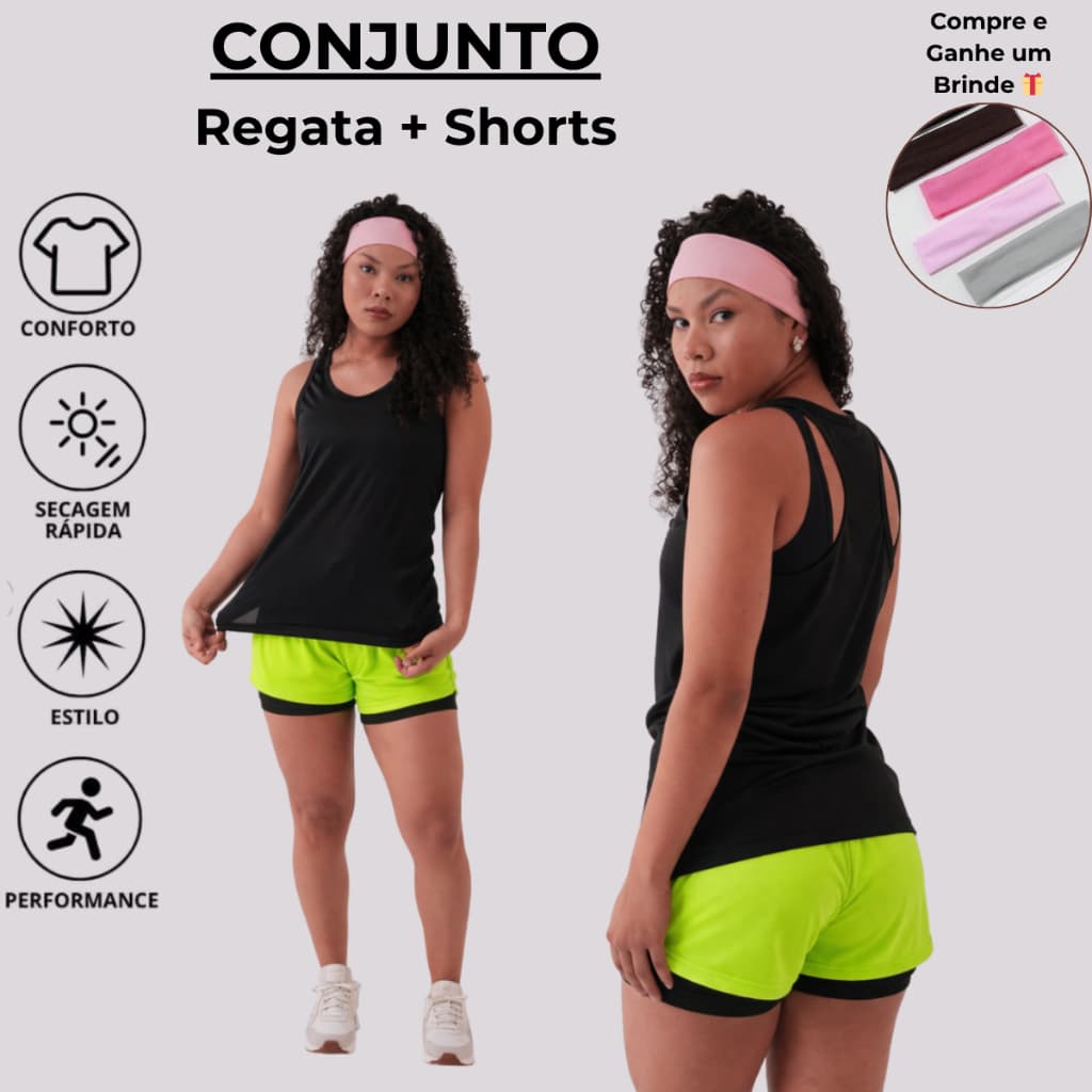 CONJUNTO FITNESS ESPORTIVO FEMININO ACADEMIA Treino Ioga Short Duplo Dryfit Blusa Top Regata Nadador