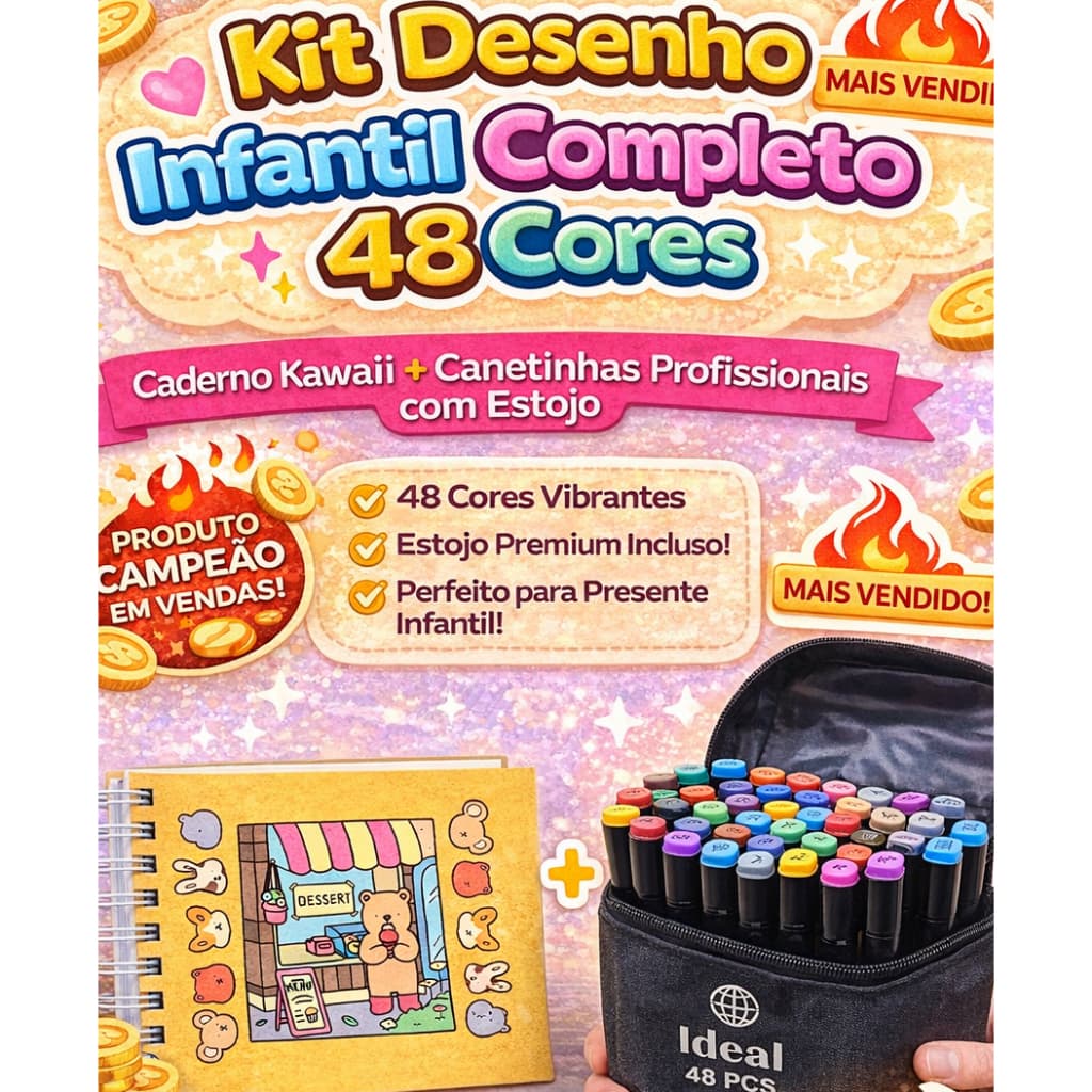 Kit Desenho Infantil Completo 48 Cores – Caderno Kawaii + Canetinhas Profissionais com Estojo