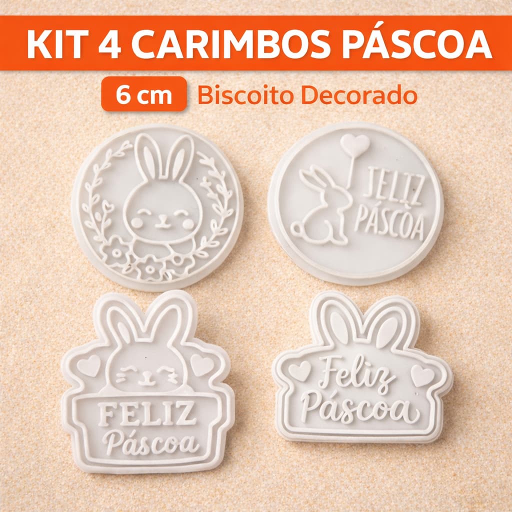 Kit 4 Carimbo Feliz Páscoa Doce Biscoito Confeitaria 3D Cookie Modelos Coelho