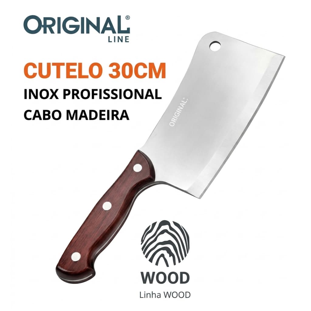 Cutelo Açougue Inox 30cm Cabo Madeira Profissional Churrasco Carne Ossos