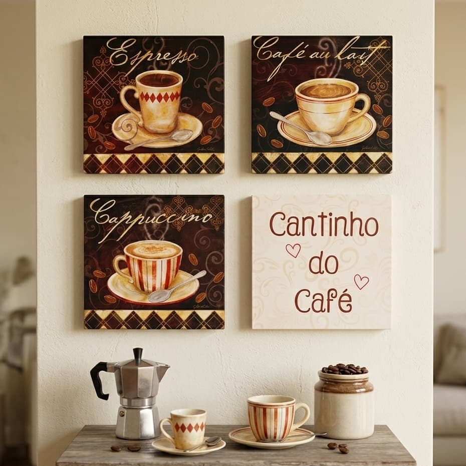 Quadros Decorativos Cantinho do Café MDF 20x20cm – Decoração Cozinha Moderna Café Cappuccino Espresso