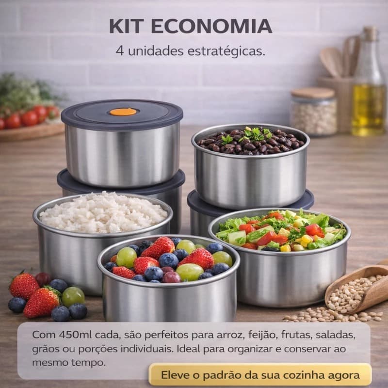 Conjunto / Kit 4 Potes Herméticos Redondo Inox 450ML - Para a Sua Cozinha - Armazenagem de Alimentos
