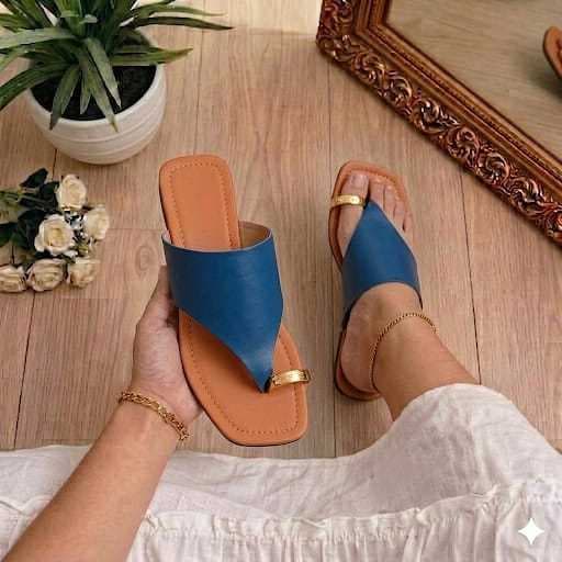 Sandalia Feminina Rasteirinha Anel Dedo Azul Flat Leve e Confortavel