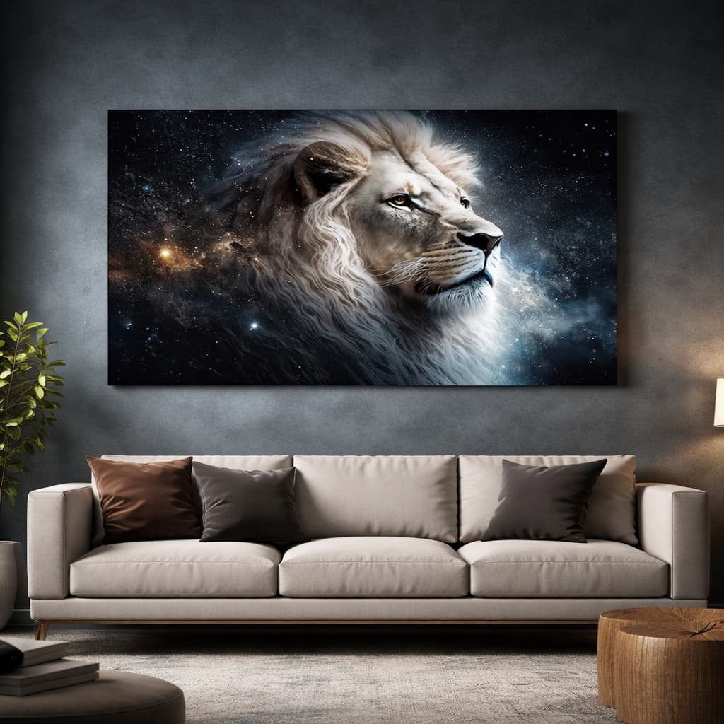 Quadro Decorativo Leão Branco Místico Cósmico Em Meio as Estrelas Arte Horizontal Moderna Luxuosa