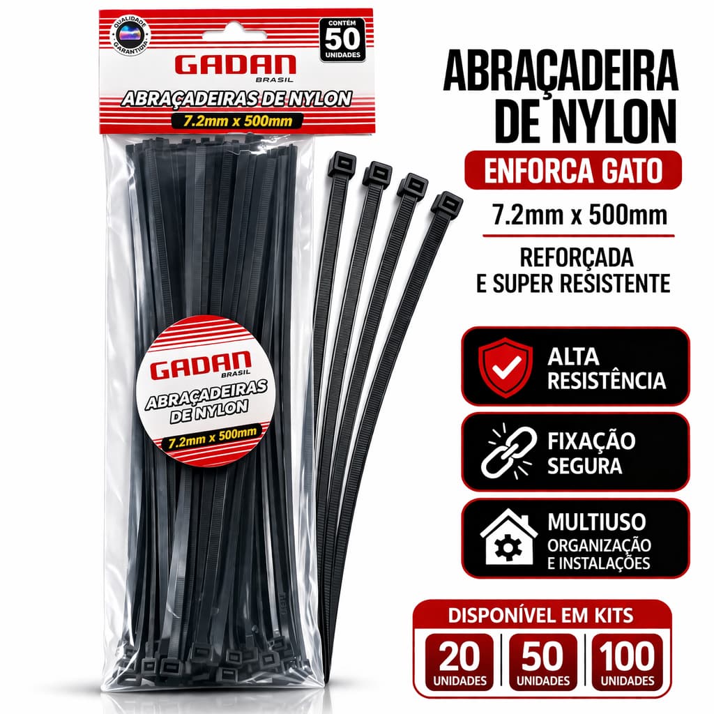 Abraçadeira Enforca Gato 7.2x500mm Nylon Alta Resistência Cinta Plástica Fixação Cabos Instalação Kit 20 50 100