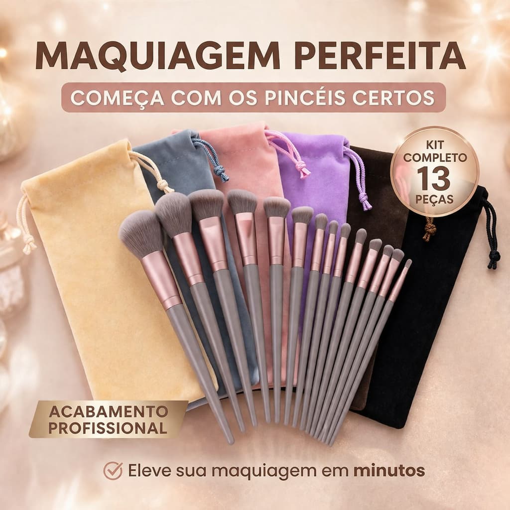 Kit Pincéis Maquiagem 13 Peças Profissional Completo com Estojo Veludo Macio BM-F1346