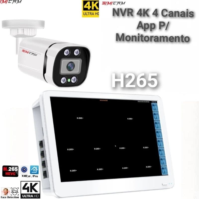 NVR 4K Poe 4 Canais  Monitor em HD 2 em 1+Câmera sistema de segurança Display de 11.6" LCD H.265 CCTV Rede 8mp p2p xmeye