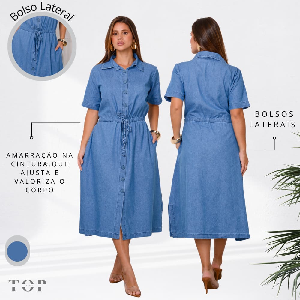 Vestido Jeans Chemise Midi Feminino com Botões e Amarração e Bolso lateral