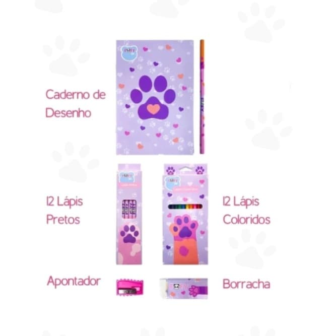 Kit Desenho Artístico Caderno Lapis de Escrever Lapis de Cor Borracha Apontador Patinhas Fofy