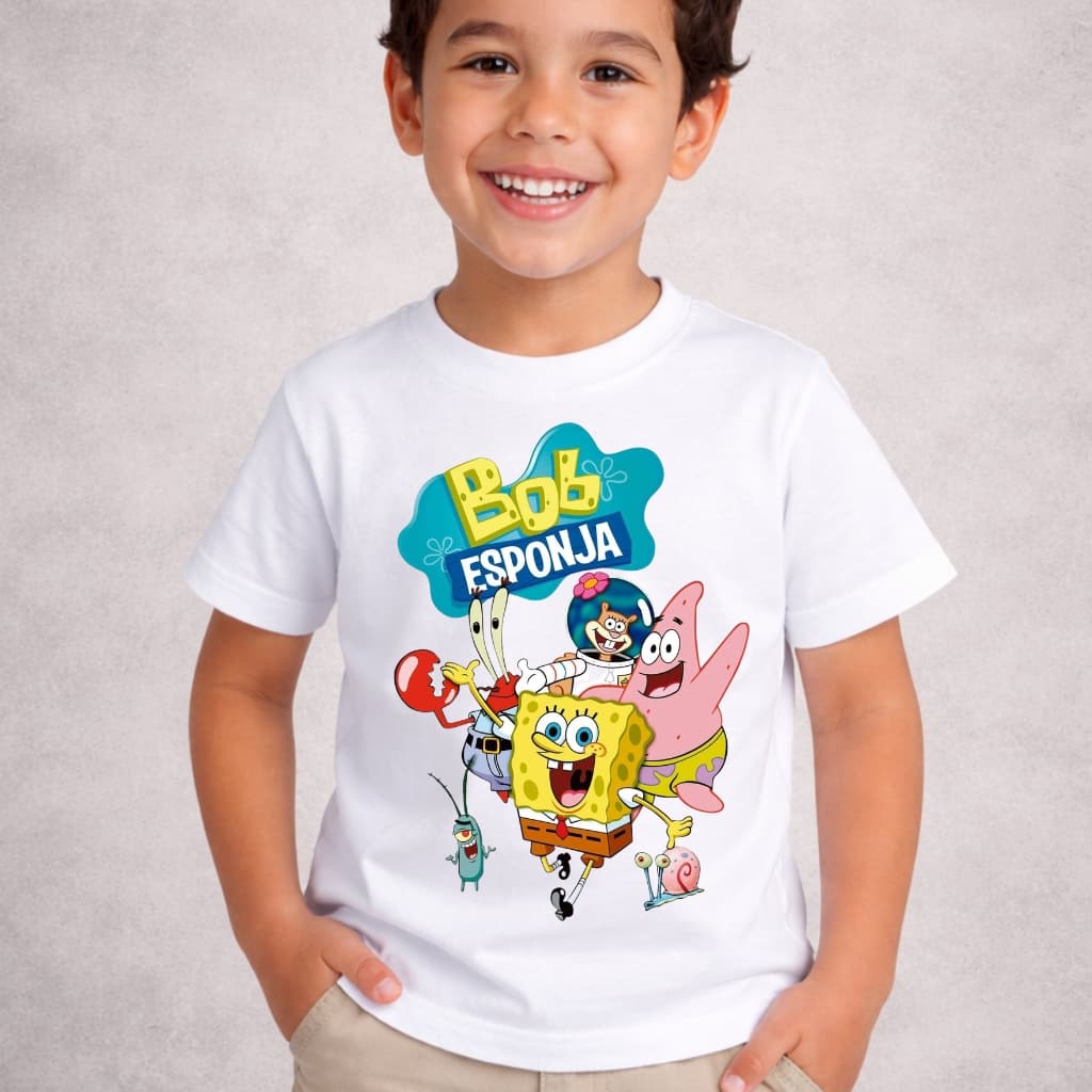 Camiseta Infantil Menino Bob Esponja Patrick Siri Guejo e Sandy Desenho Castor Blusa Malha Premium
