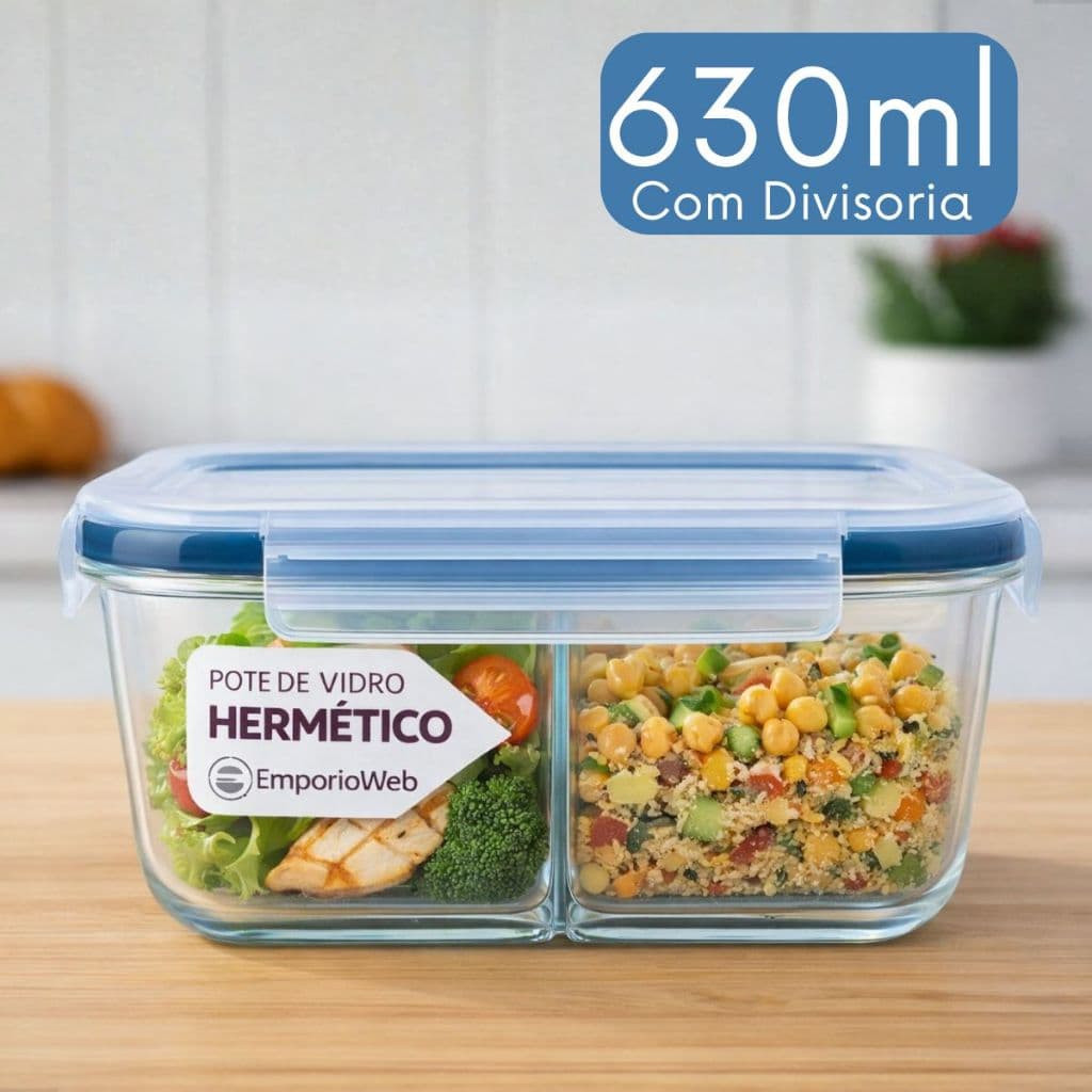 Pote Hermético Vidro 630ml com Divisoria e Tampa Lava-louças Forno Marmitas Armazenar Comida
