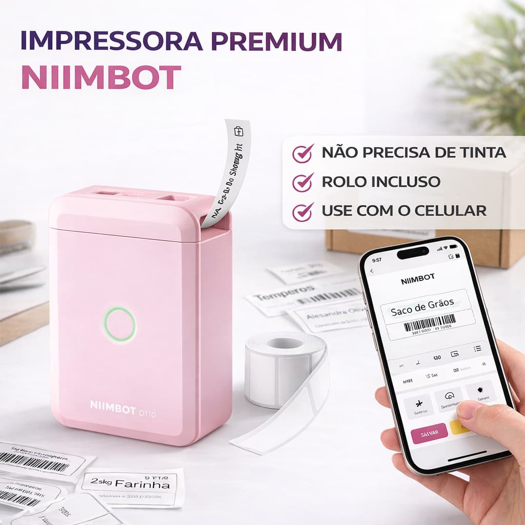Impressora Niimbot D110 Térmica de Etiquetas Adesivas Térmicas Premium Bluetooth Premium Lojas