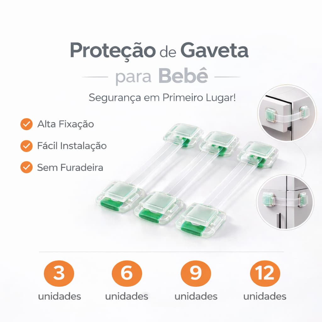 Kits 3, 6, 9 ou 12 Trava Protetor de Gavetas e Portas Transparente c/ dupla face