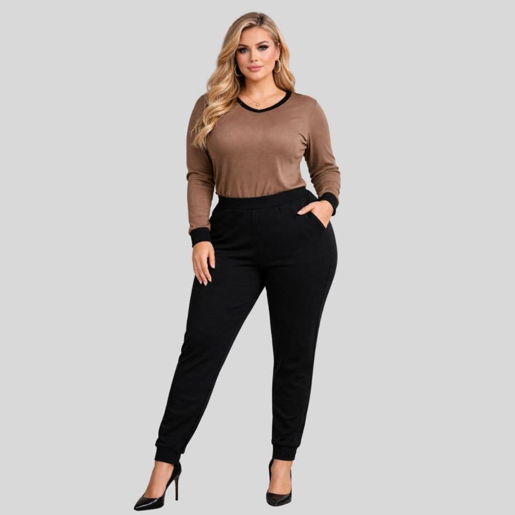 Conjunto Blusa e Calça Plus Size Feminino. Conjunto Plus Size Feminino no Crepe de Malha e Canelado. Conjunto de Inverno