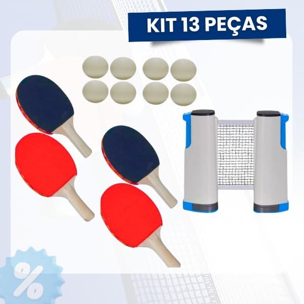 Ping Pong Kit 13 peças Tênis de Mesa 4 Raquetes Anatômicas 8 Bolas bolinhas e 2 Suportes 1 Rede