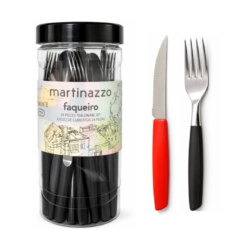 Jogo de Talheres Inox 24 Peças Com Pote Preto Vermelho Kit Cozinha