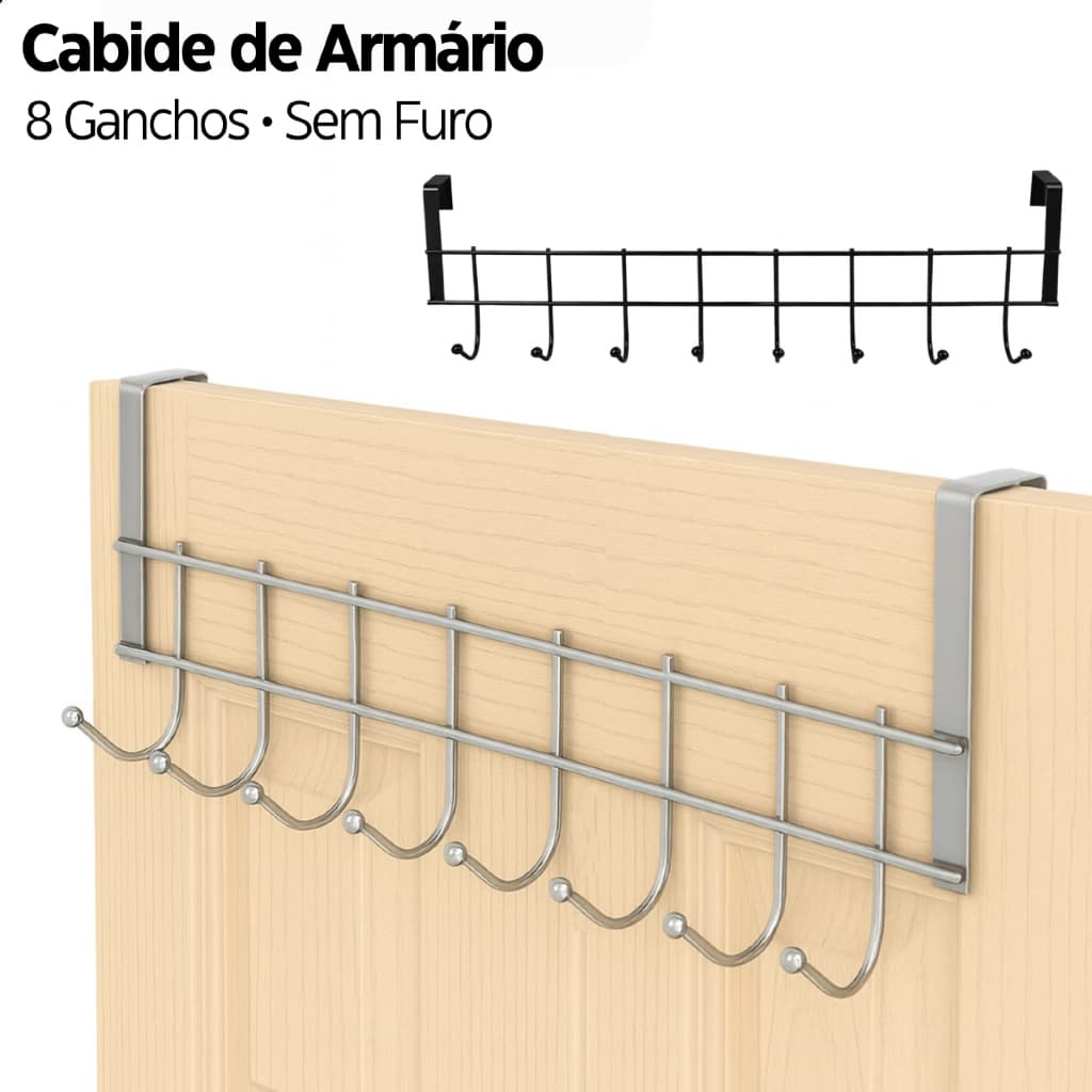 Suporte Cabide Porta Armário 8 Ganchos Encaixe  Sem Furo