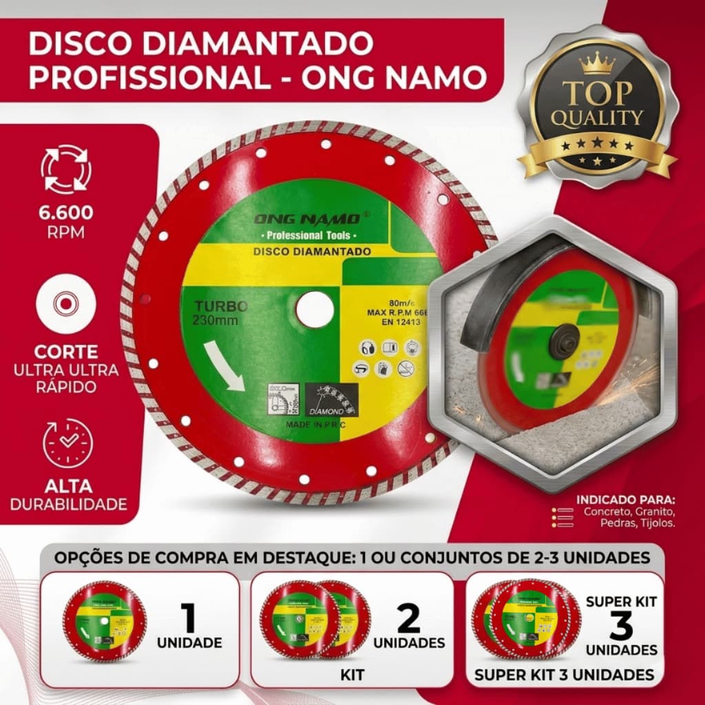 Disco Diamantado Turbo 230mm Corte Seco e Úmido Roçadeira Profissional Porcelanato Mármore Concreto