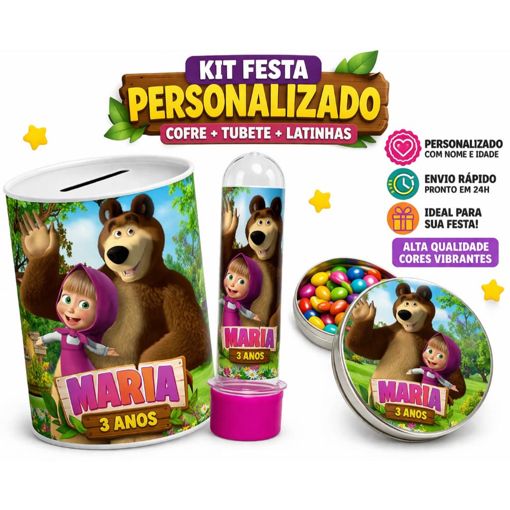 Kit 65 Rótulo Adesivo Personalizado Cofrinho/ Latinha/ Tubete Aniversário, Lembrancinha  Tema Masha e o urso