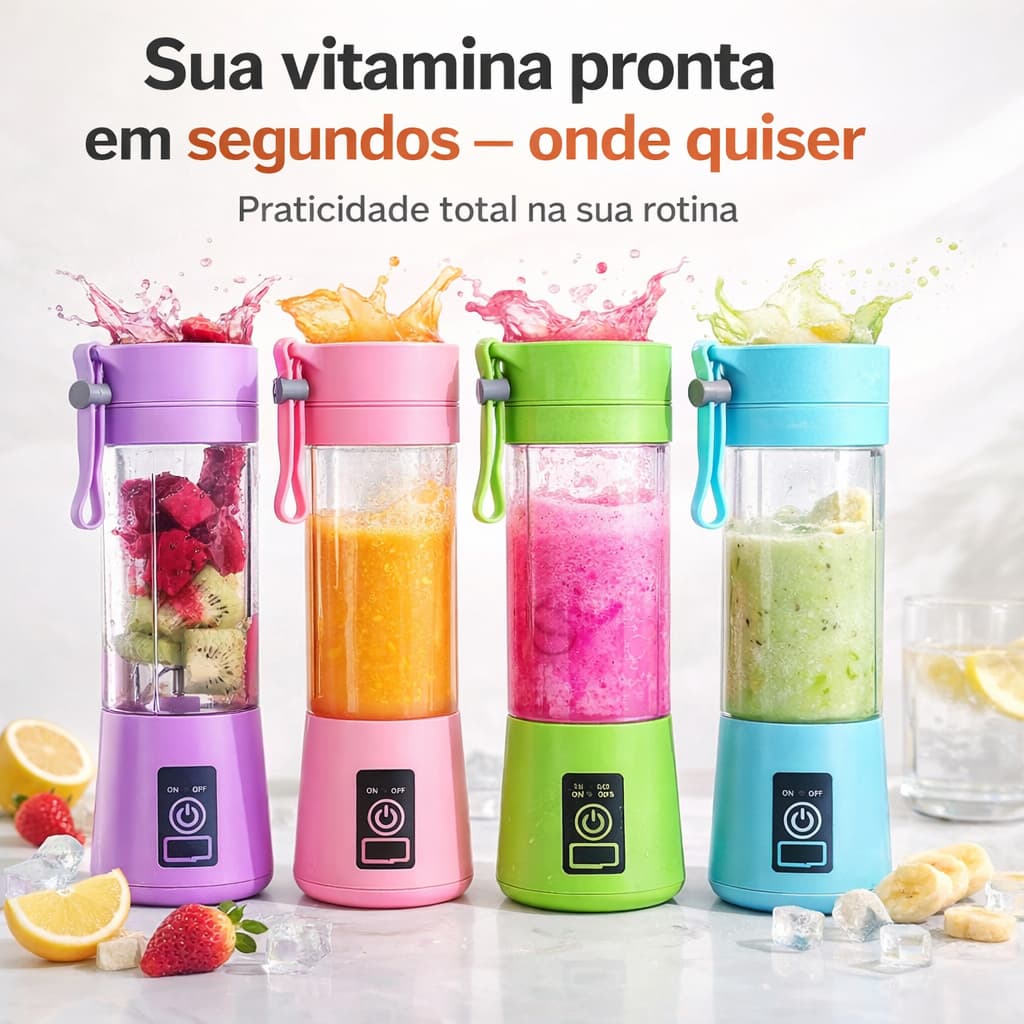 Mini Liquidificador Portátil Recarregável USB Bivolt 380ml 4 Lâminas para Shakes Smoothies e Sucos