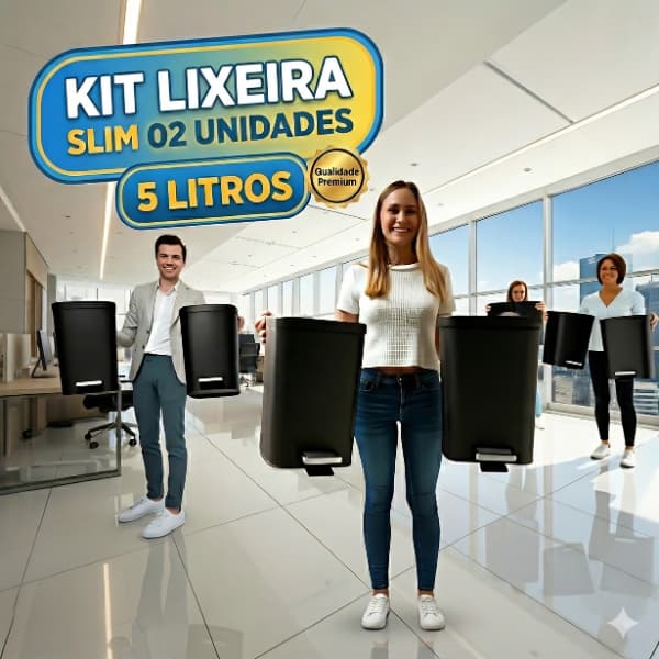 Kit 02 Lixeiras Slim 5 Litros Abertura Suave e baldes interno removíveis | Aço inox Acetinada preta