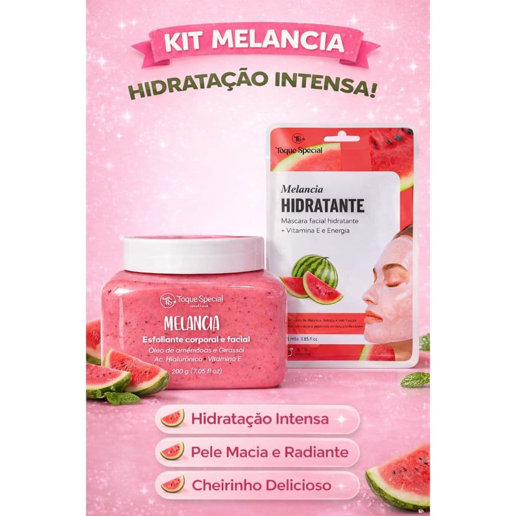 Kit Melancia Skincare Hidratante + Esfoliante Facial e Corporal | Pele Macia e Radiante | Toque Special