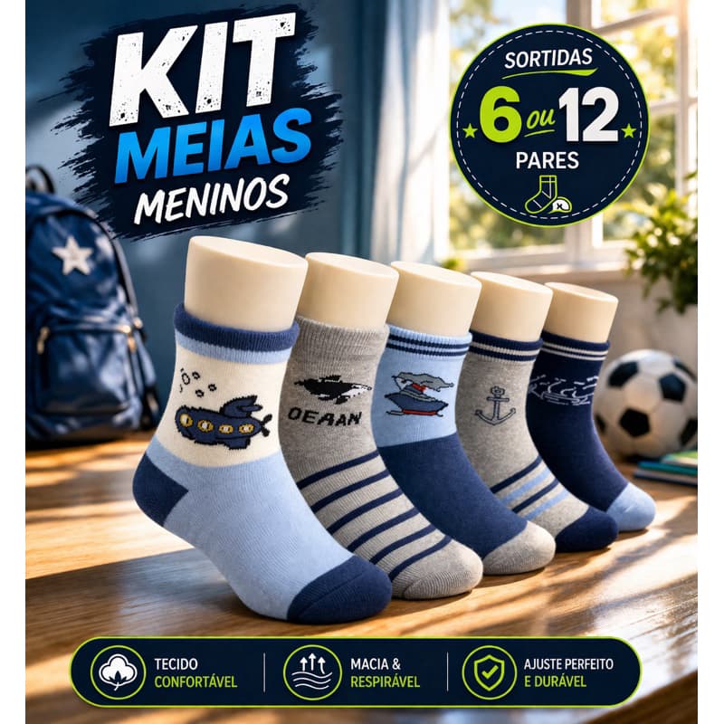 Kit Econômico 12 Pares Meias Infantis Confortáveis Estampadas