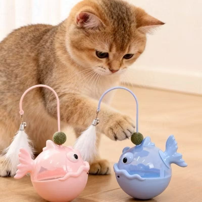 Brinquedo interativo para gatos com mola, penas e dispensador de ração, pet antiestresse