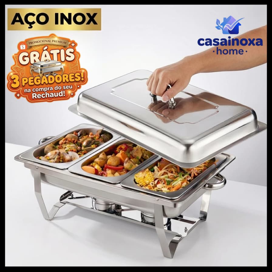 Rechaud Inox 12 Litros Profissional Retangular Banho Maria Kit Completo 6 Peças para Buffet Grande