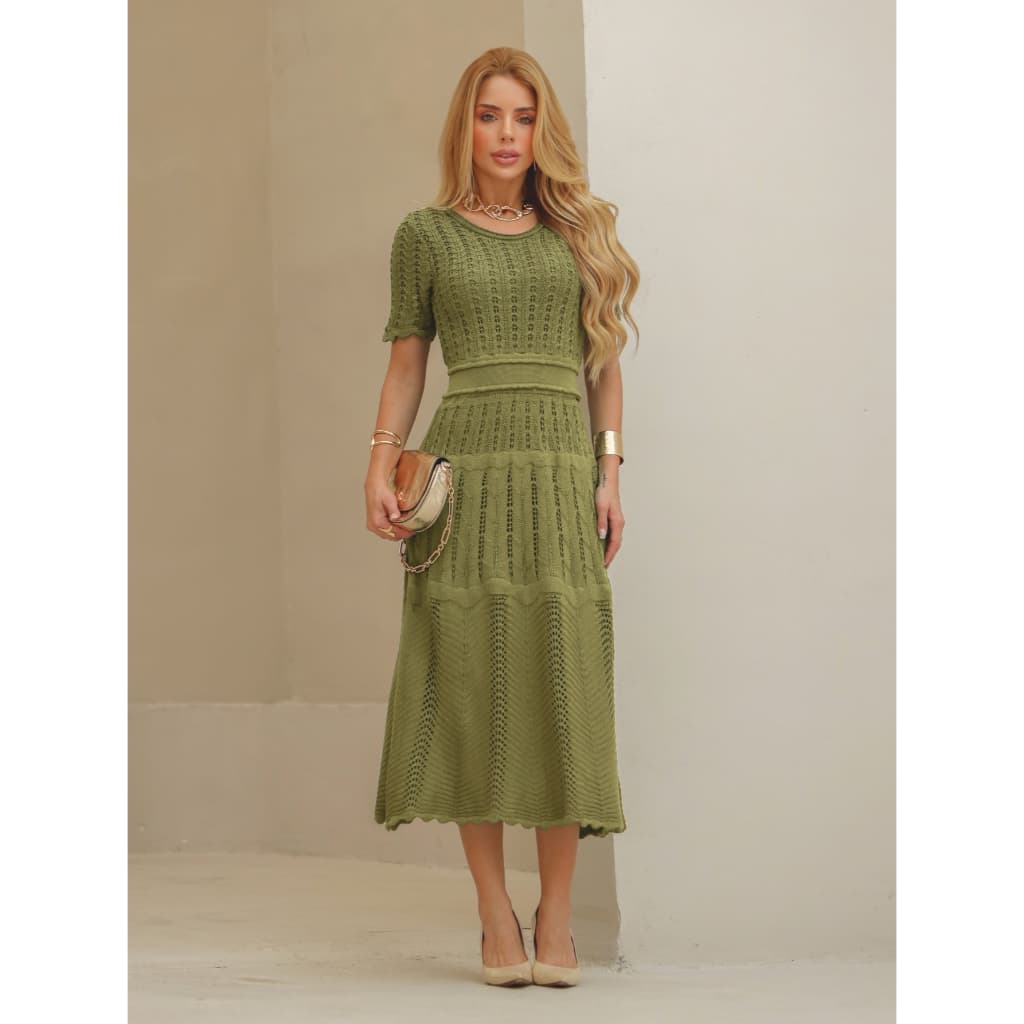 Vestido Midi Feminino Tricô Texturizado Verde Elegante Moda Evangélica Casual Festa