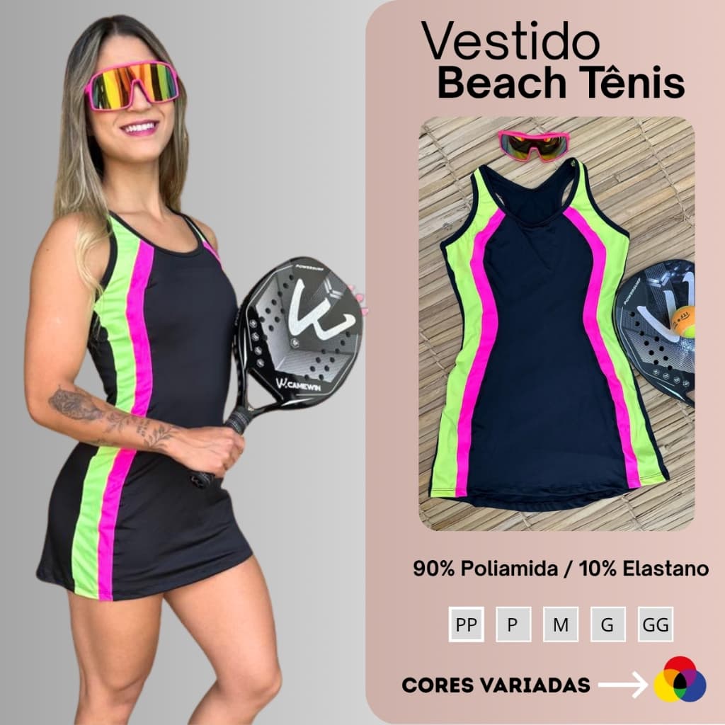Vestido Beach Tennis Poliamida Academia Fitness Preto Detalhe Colorido Confortável Do PP ao GG