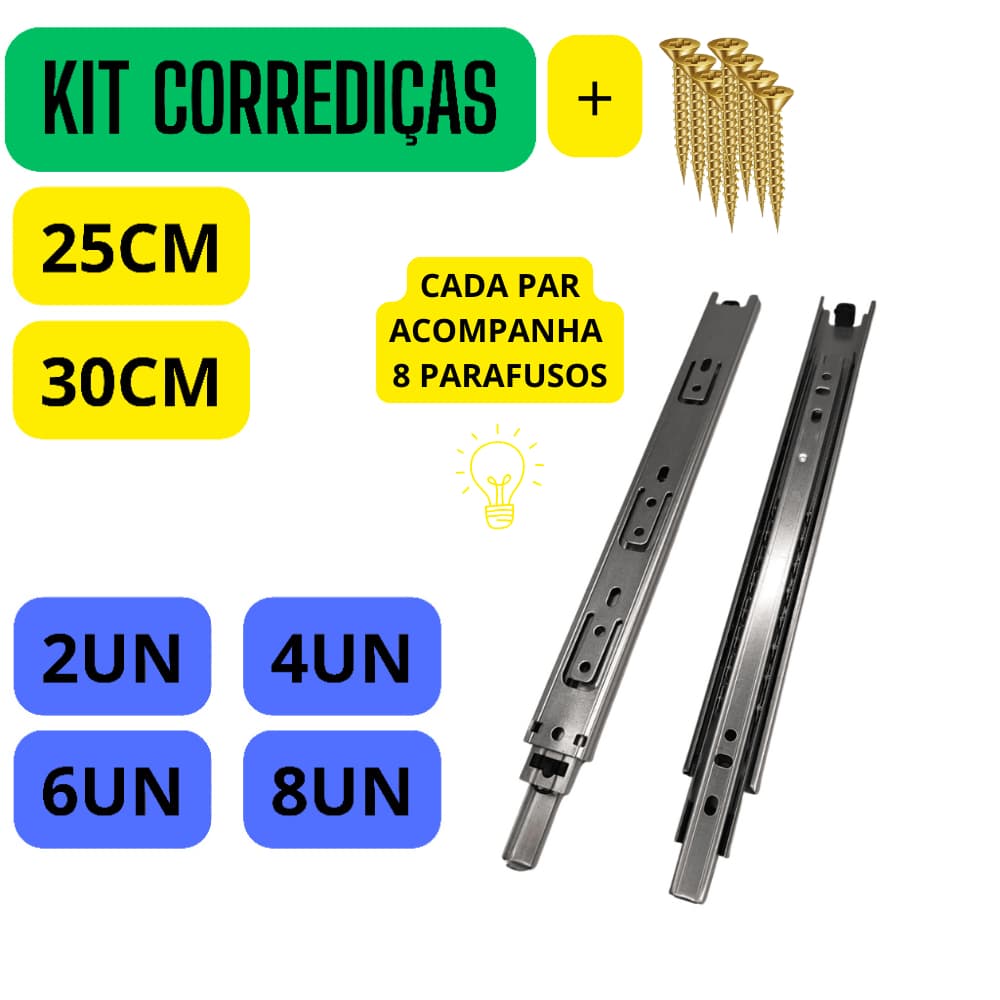 Kit Corrediças Gaveta Trilho Telescópica Zincada 25cm ou 30cm