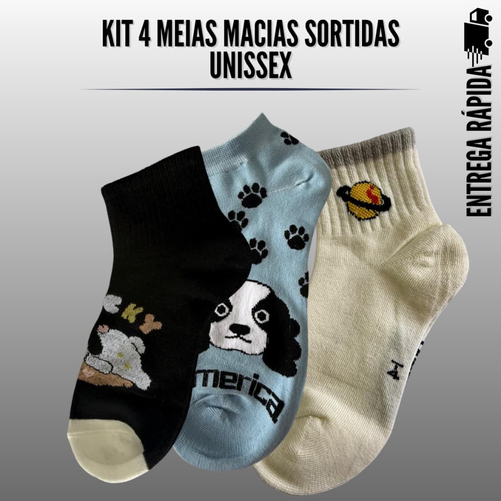 Kit 4 meias unissex infantil adulto confortavel elastica tecido leve cores variadas dia a dia