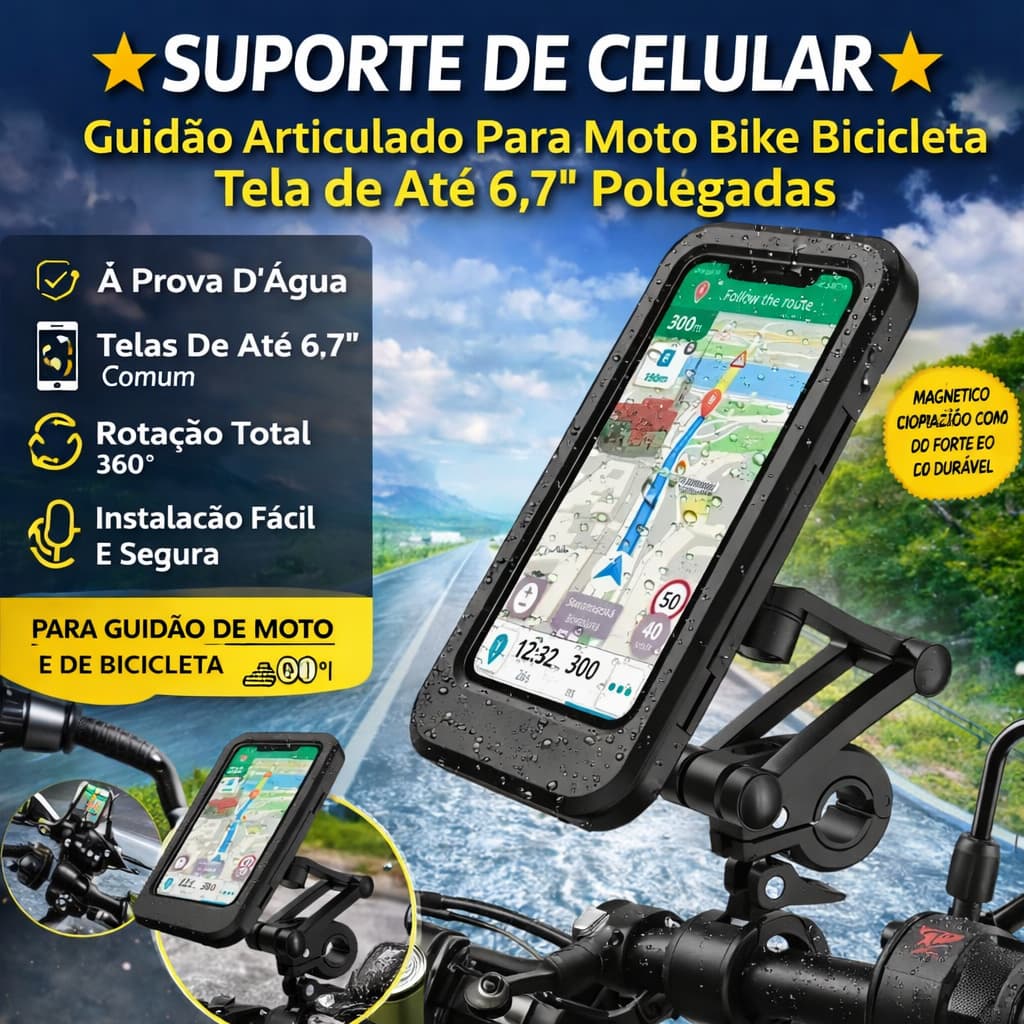 ⭐ Suporte De Celular ⭐ Guidão Articulado Para Moto Bike Bicicleta Tela de Até 6,7" Polegadas