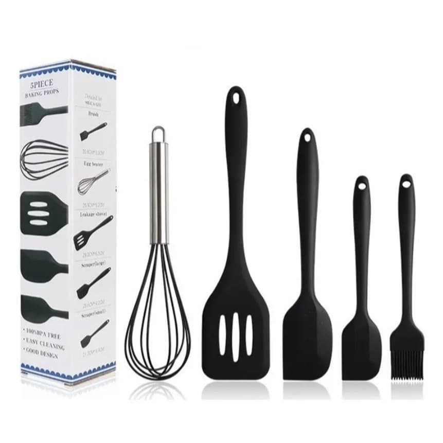 Kit Utensílios Silicone Premium 5 Peças Antiaderente Resistente ao Calor Não Risca Panelas Silicone Élite Kitchen