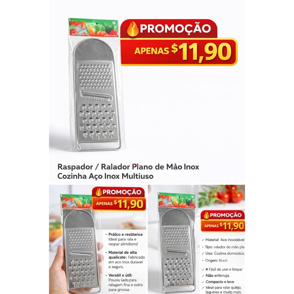 Ralador Plano de Mão Inox Multiuso Cozinha Legumes Queijo Prático