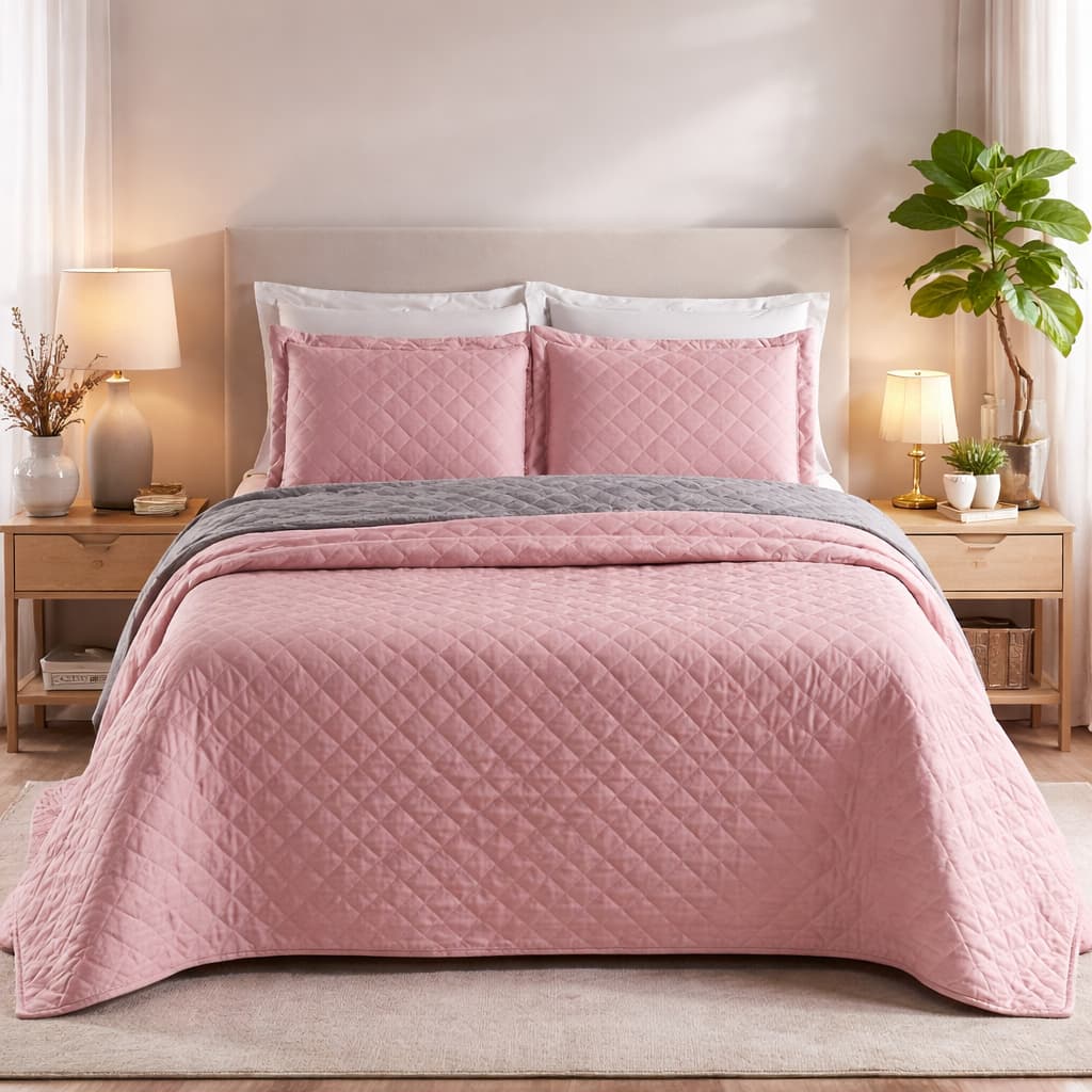 Kit Cobre Leito Cama Queen Realeza Colcha Dupla Face 3 peças Rose e Cinza