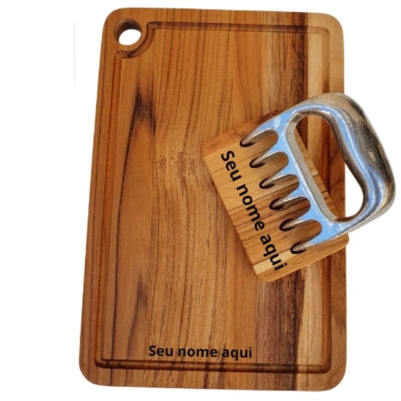 kit churrasco personalizado tabua de corte + garra de urso com suporte de madeira
