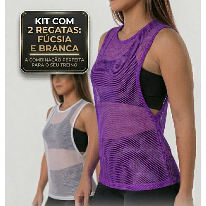 KIT COM 2 BRANCO FUCSIA CAMISETA REGATA FEMININA TELA TULE TRANSPARENTE SOBREPOSIÇÃO ACADEMIA FITNES