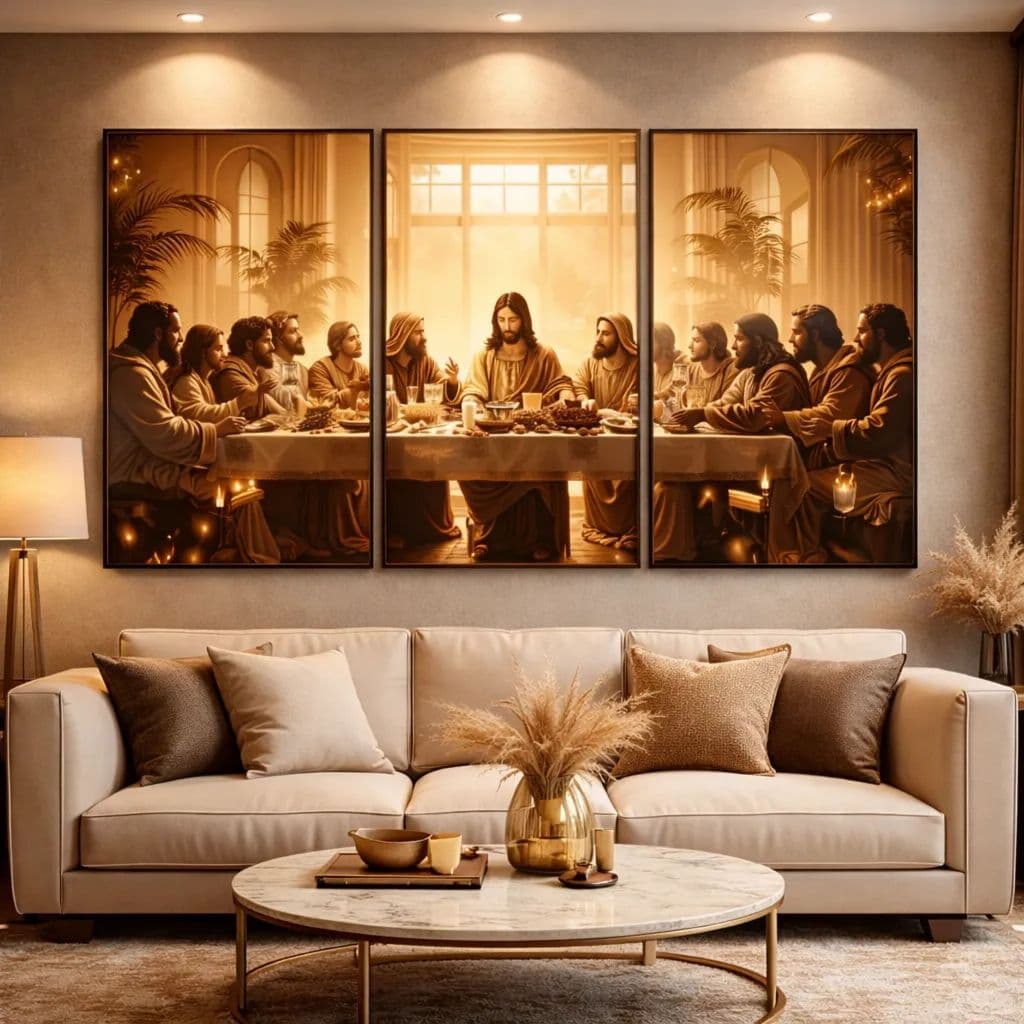 Quadro Sala Moderno Santa Ceia 3 Peças Dourado