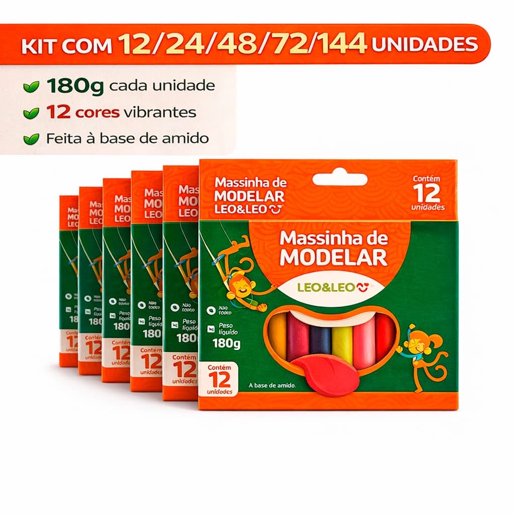 Massa de Modelar Leo&Leo 180g 12 Cores Kit 1 a 12 Unidades Infantil Escolar
