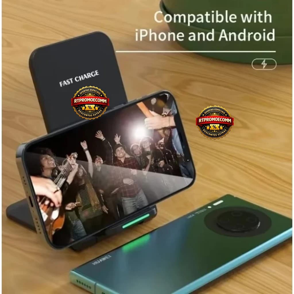 Carregador Sem Fio 2 Em 1 por indução Para iPhone, Samsung e Xiaomi suporte  360°