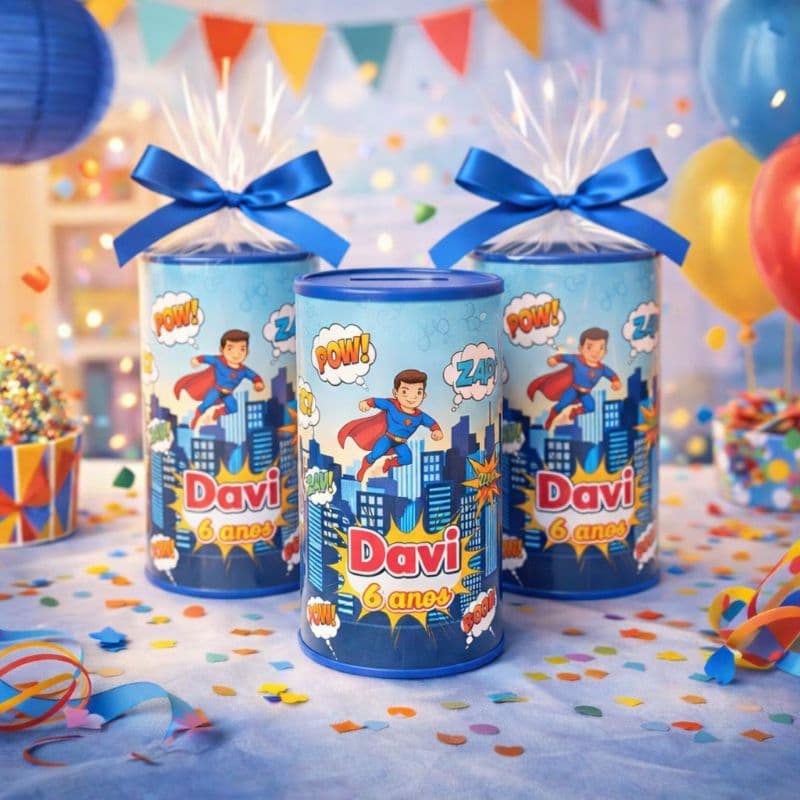 COFRINHO PERSONALIZADO TEMA SUPER HERÓI + EMBALAGEM + LAÇO- FAZEMOS EM TODOS OS TEMAS