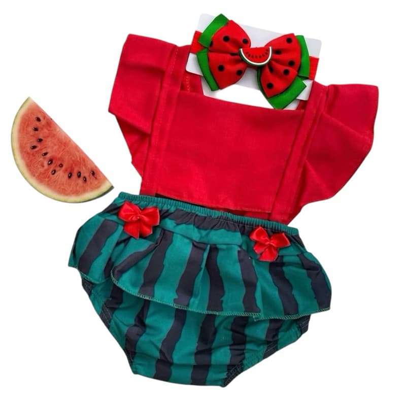Romper Body Turbante Mesversario Melhores Tema Jardineira Melancia + Laço
